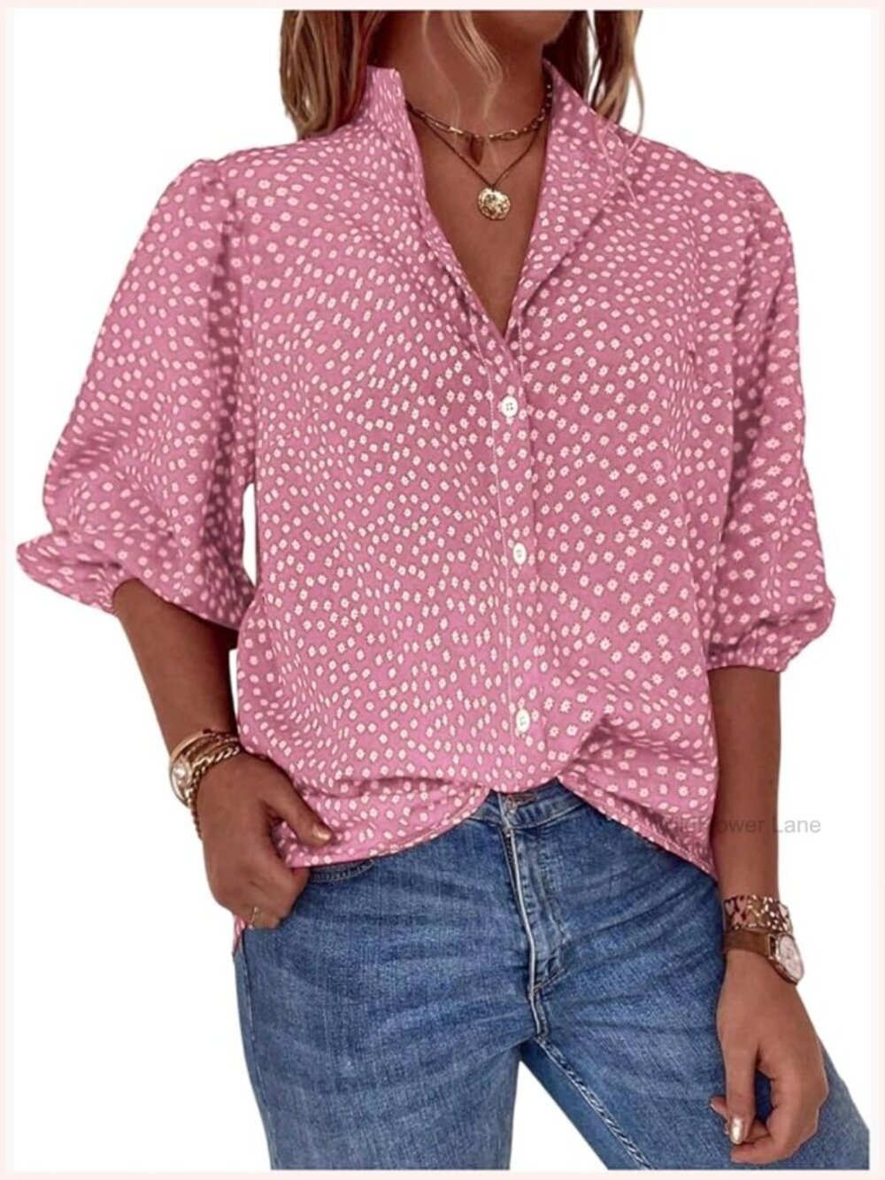 Women's Floral Blouse, Button Down Puff Sleeve Boho Shirt, Loose Fit, Vacation